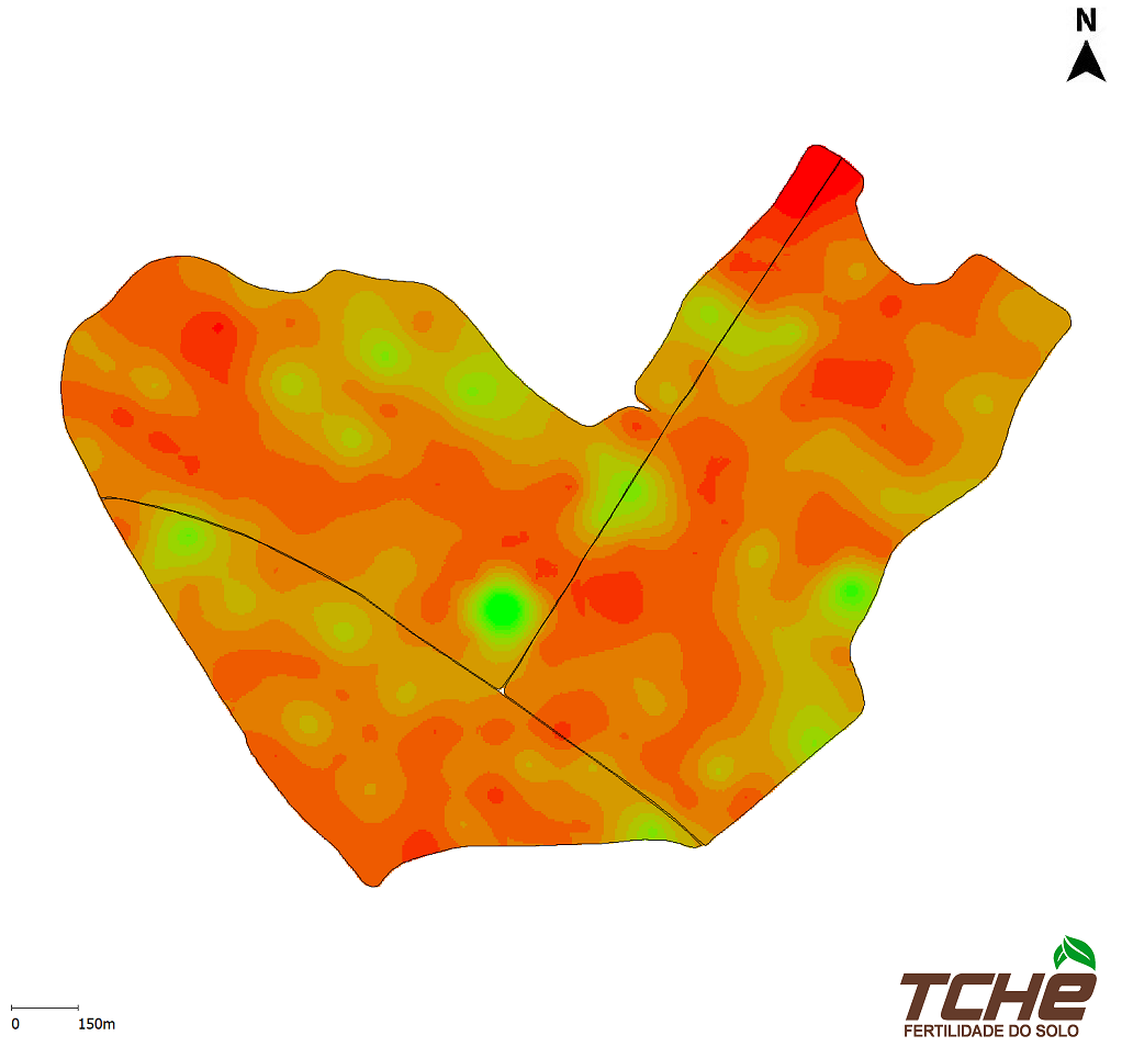 Recorte de mapa de potássio usado em uma prévia ilustrativa de visualização. Não é uma captura real da interface do Tchê Agro.
