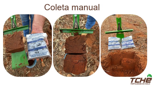 Três registros da coleta manual de solo com pá e embalagem de amostra.